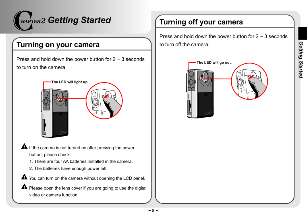 AIPTEK 3300 user manual Getting Started, Turning off your camera Turning on your camera 