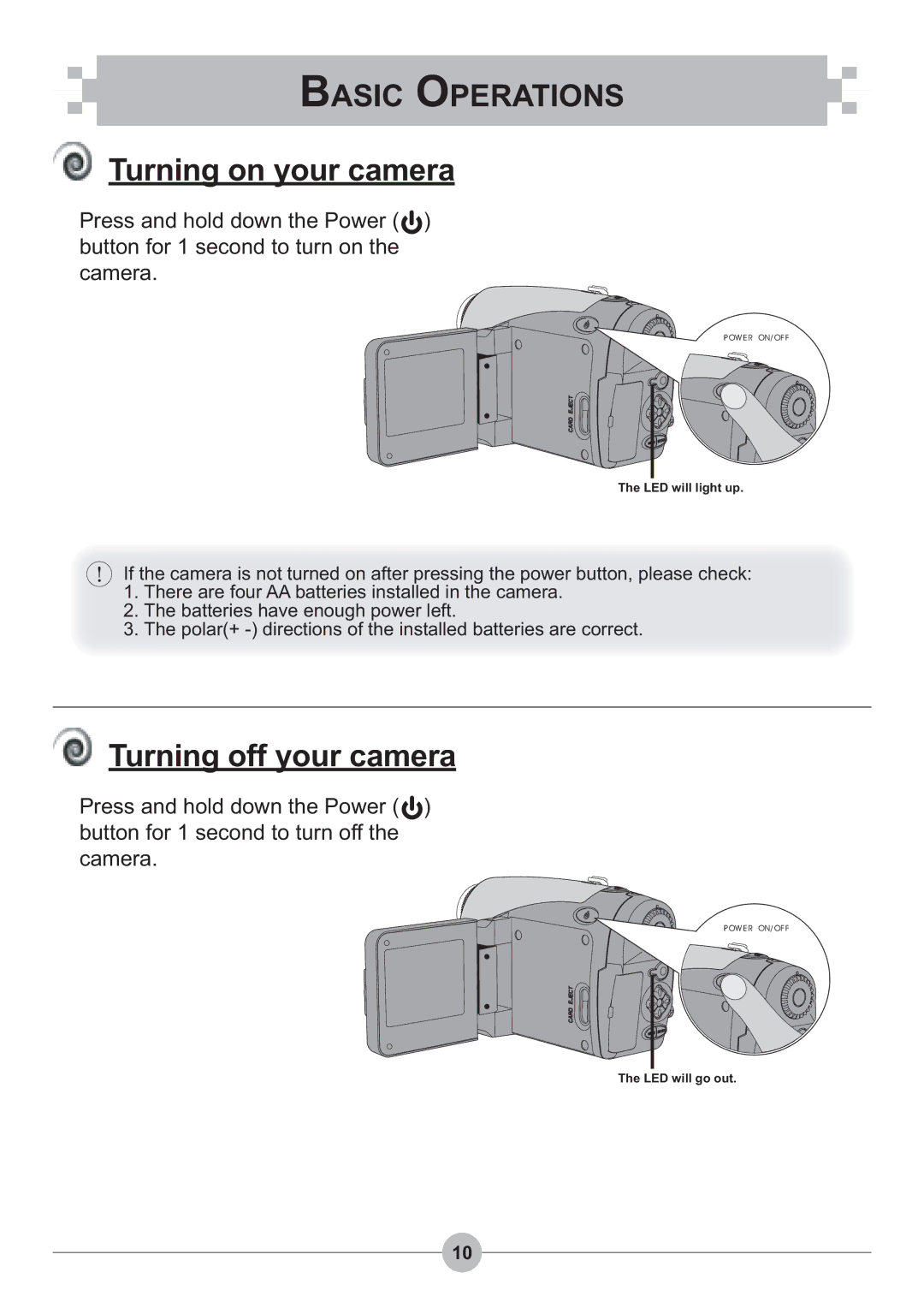 AIPTEK 4100 manual Turning on your camera, Turning off your camera 