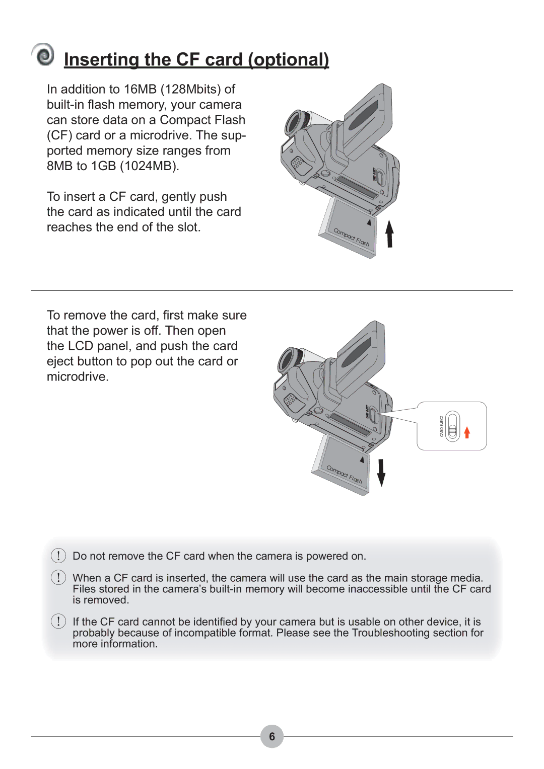 AIPTEK 4100 manual Inserting the CF card optional 