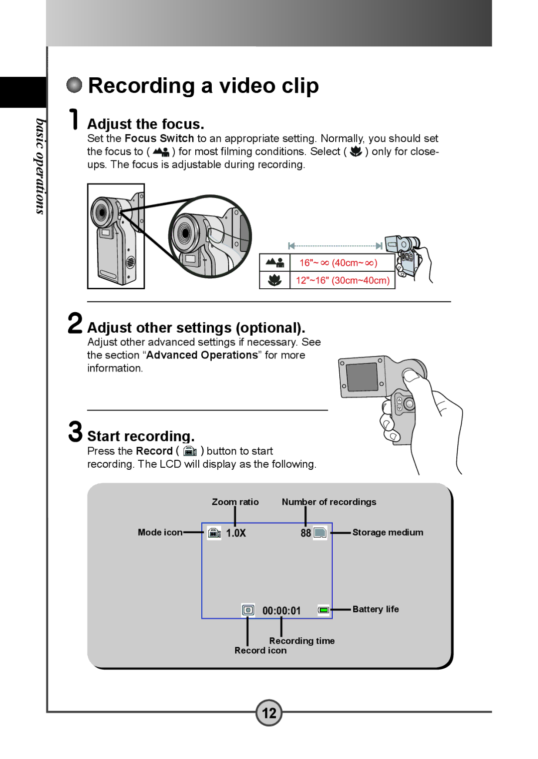 AIPTEK DV 5300 user manual Recording a video clip, Adjust the focus, Adjust other settings optional, Start recording 