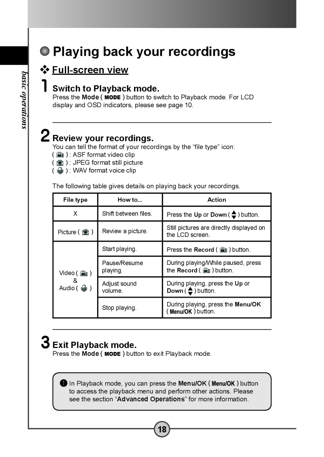 AIPTEK DV 5300 user manual Playing back your recordings, Full-screen view, Switch to Playback mode, Review your recordings 