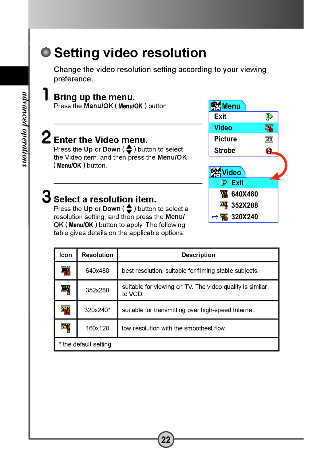 AIPTEK DV 5300 Setting video resolution, Enter the Video menu, Select a resolution item, Icon Resolution Description 