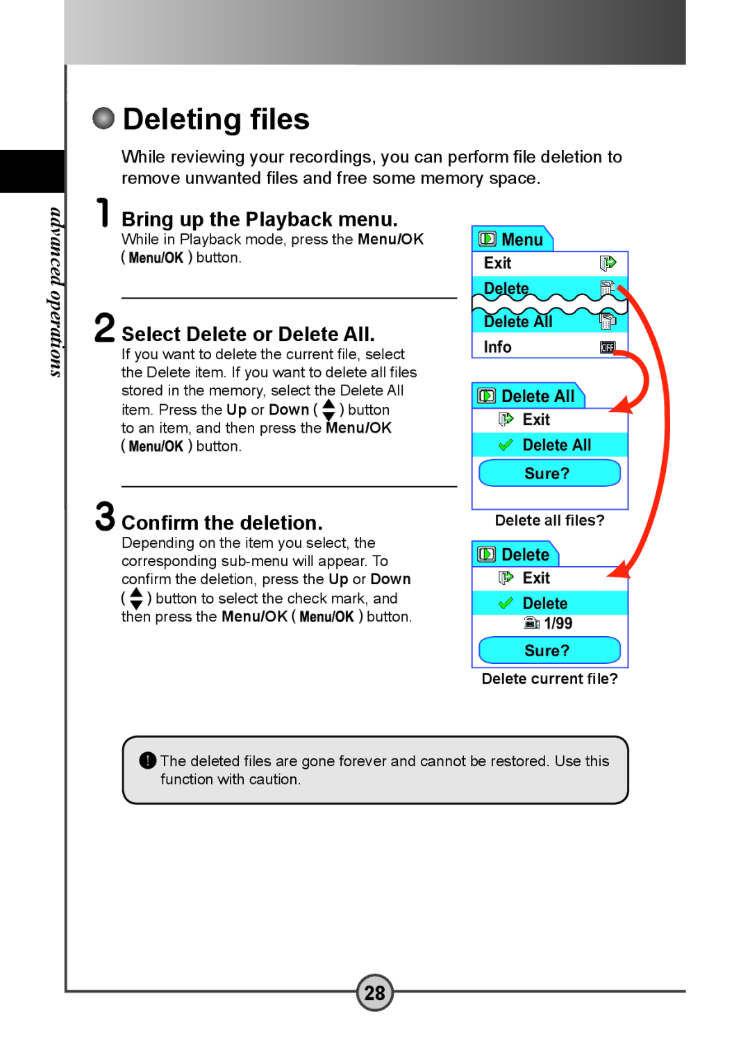 AIPTEK DV 5300 user manual Deleting ﬁles, Bring up the Playback menu, Select Delete or Delete All, Conﬁrm the deletion 