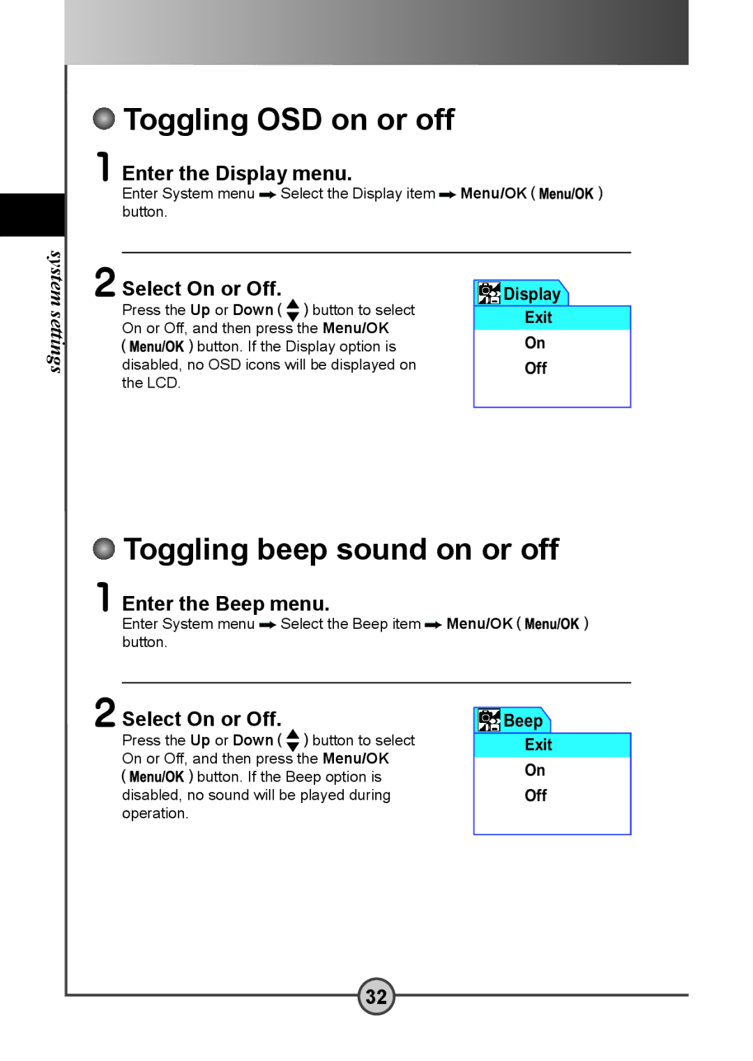 AIPTEK DV 5300 Toggling OSD on or off, Toggling beep sound on or off, Enter the Display menu, Enter the Beep menu 