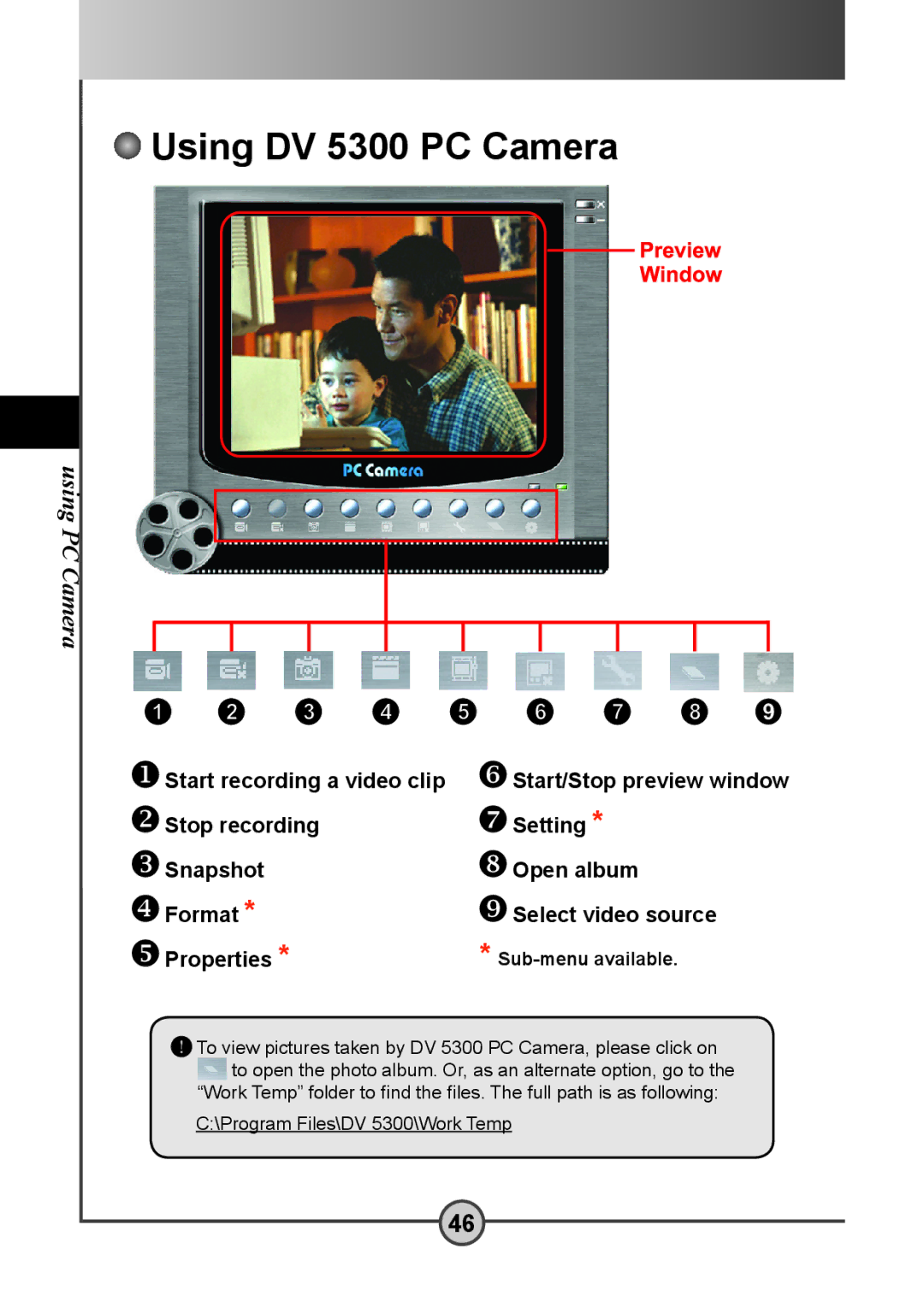 AIPTEK user manual Using DV 5300 PC Camera, Sub-menu available 