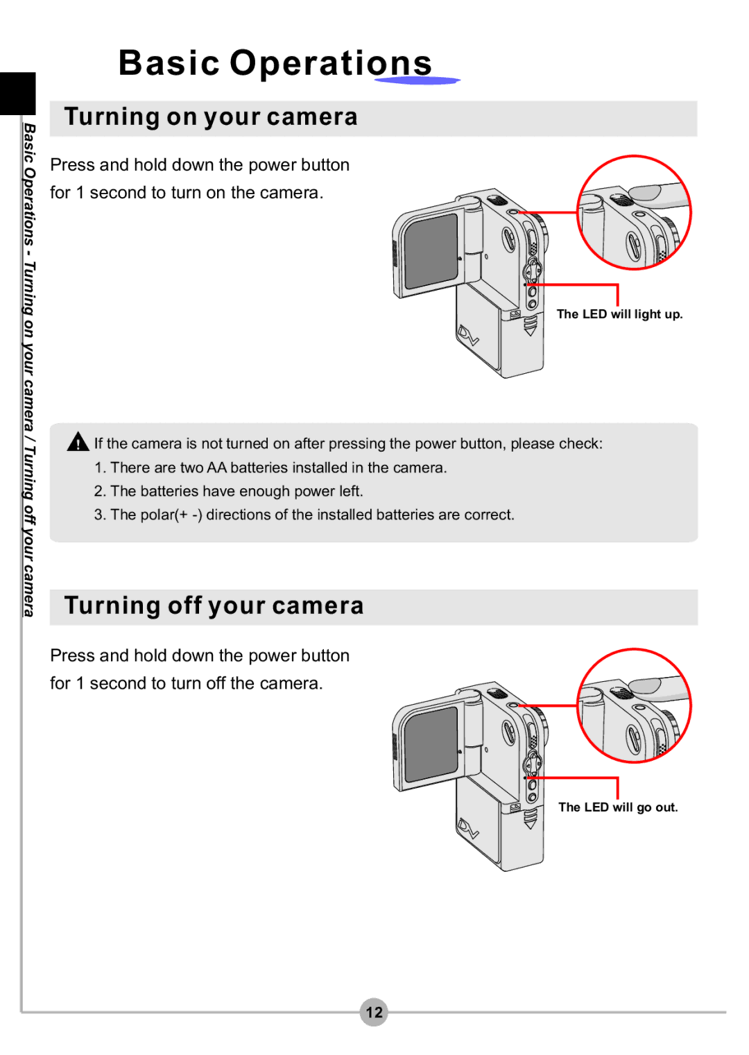 AIPTEK DV4500 manual Basic Operations, Turning on your camera, Turning off your camera 