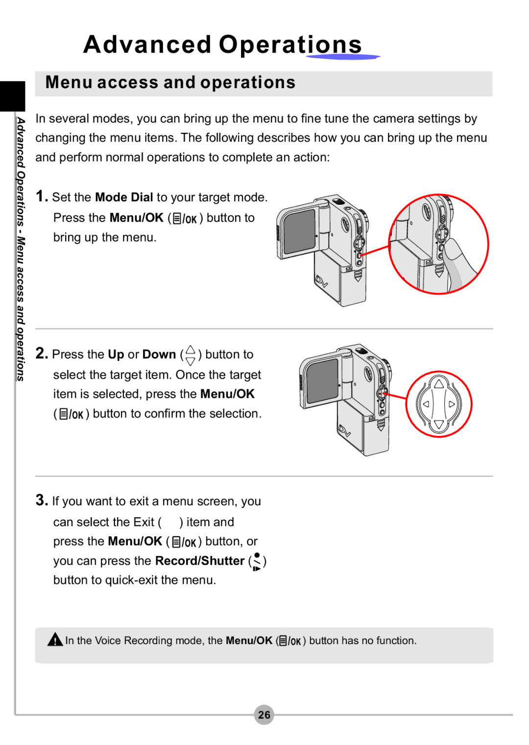 AIPTEK DV4500 manual Voice Recording mode, the Menu/OK button has no function 