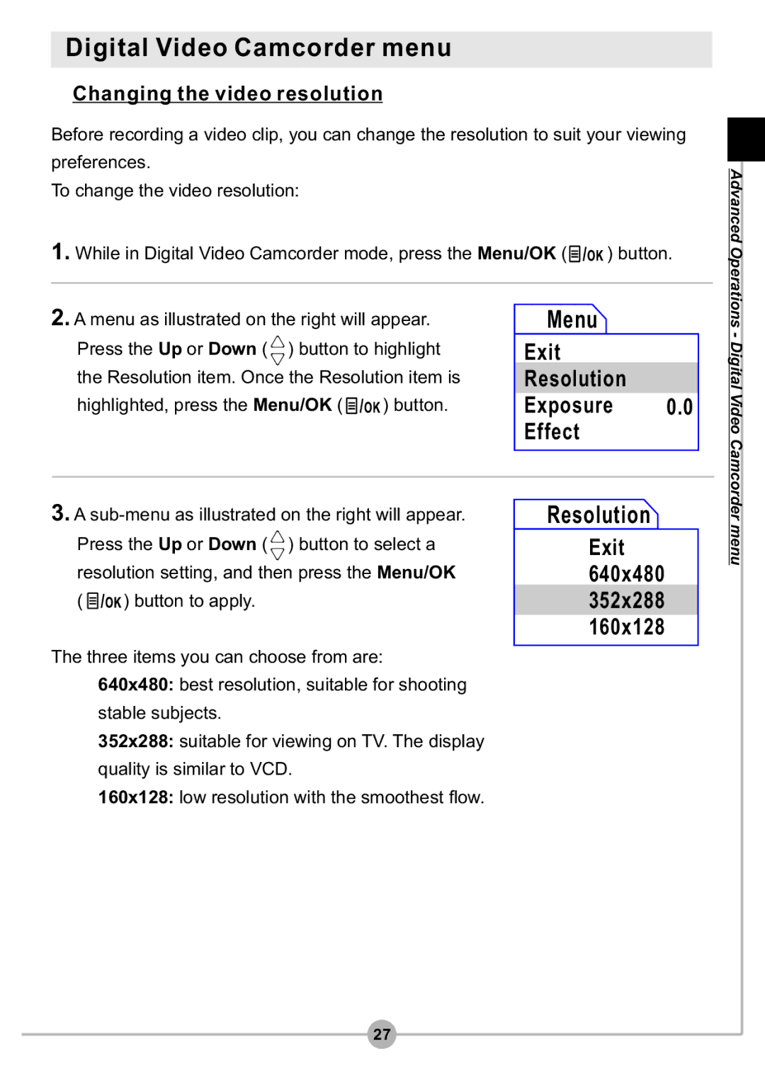 AIPTEK DV4500 Digital Video Camcorder menu, Menu, Exit Resolution Exposure 0.0 Effect, Exit 640x480 352x288 160x128 