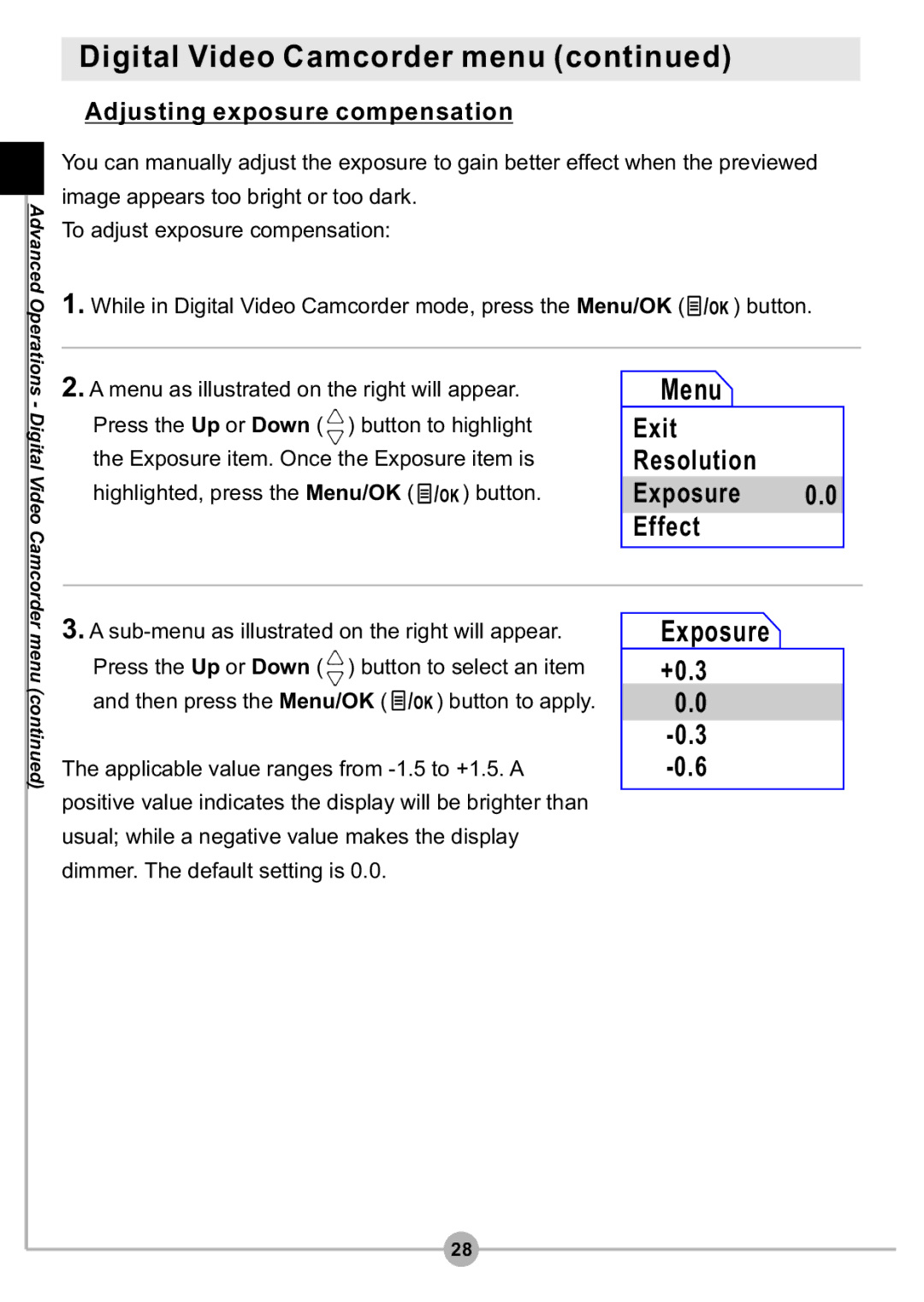 AIPTEK DV4500 manual Exposure, +0.3, Adjusting exposure compensation 