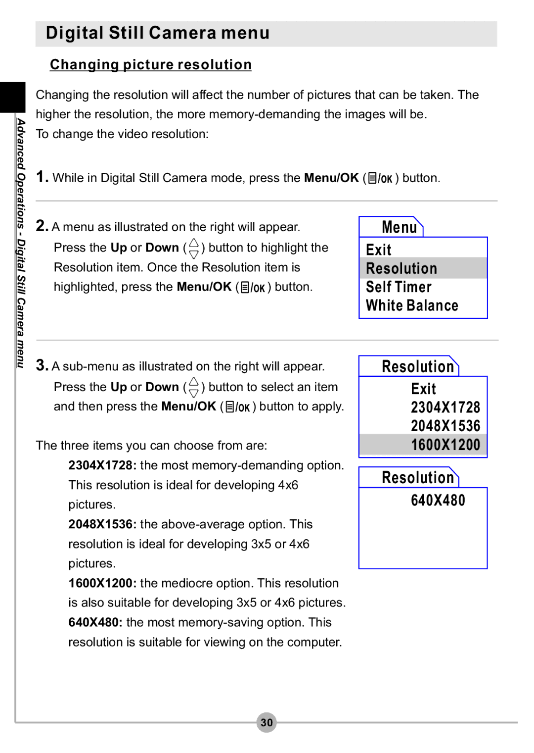 AIPTEK DV4500 Digital Still Camera menu, Exit Resolution Self Timer White Balance, Exit 2304X1728 2048X1536 1600X1200 