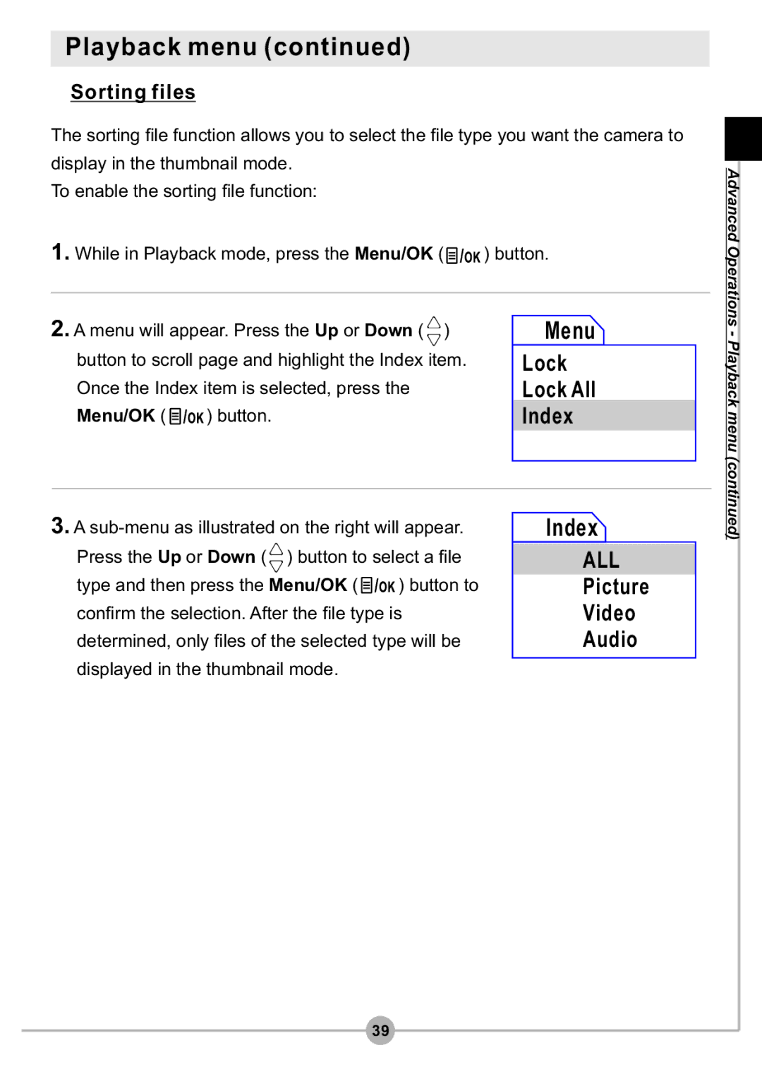 AIPTEK DV4500 manual Index, Picture Video Audio, Sorting files 