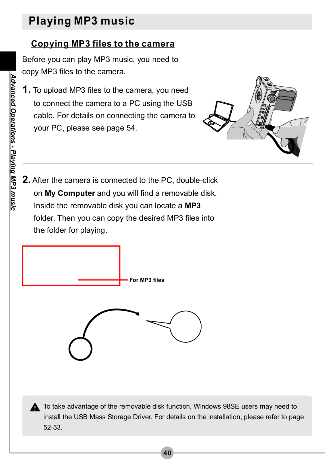 AIPTEK DV4500 manual Playing MP3 music, Copying MP3 files to the camera 