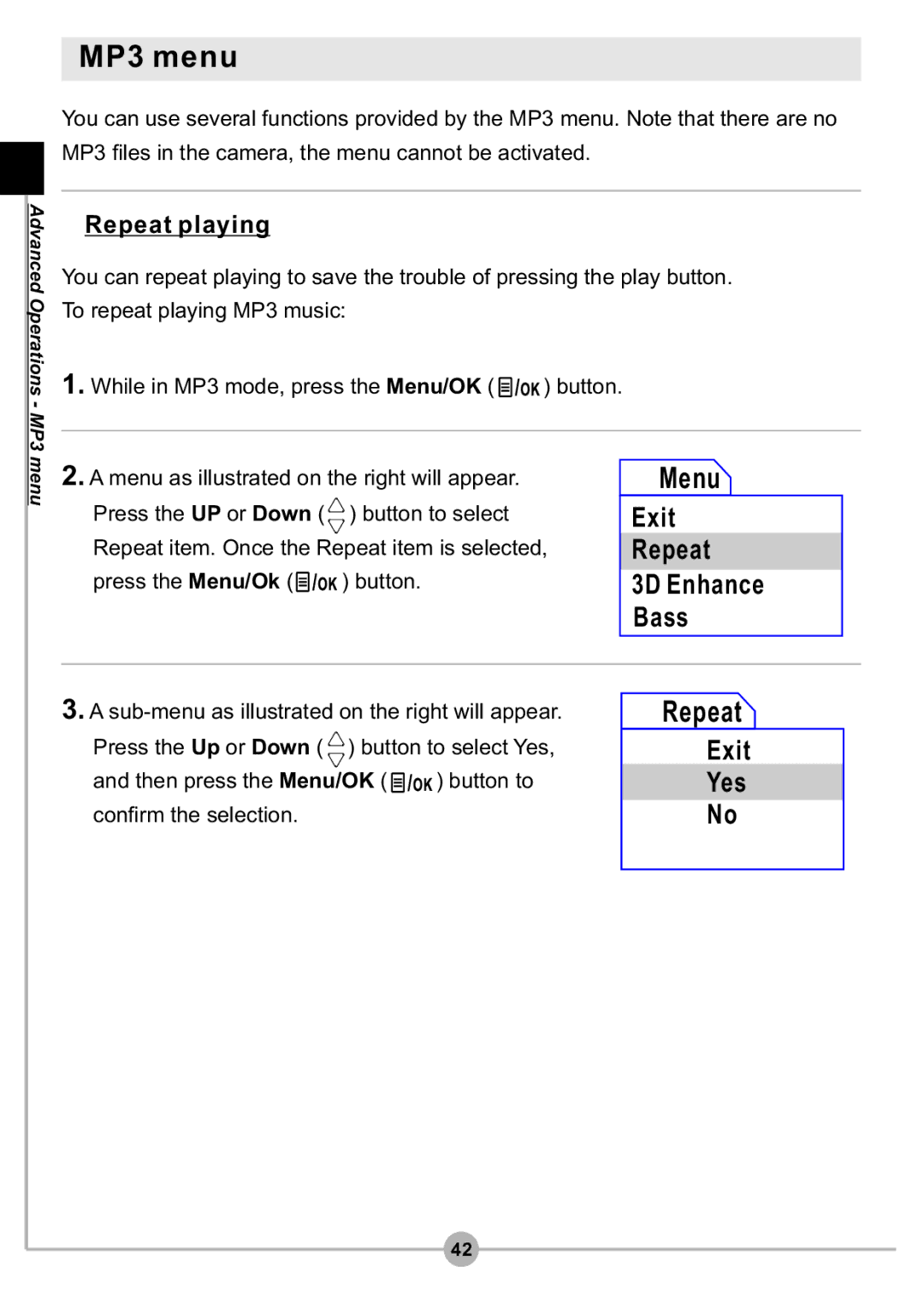 AIPTEK DV4500 manual MP3 menu, Repeat, 3D Enhance, Bass 