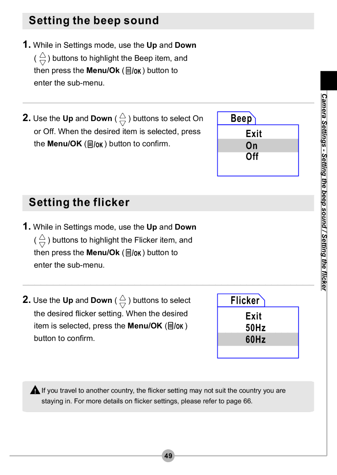 AIPTEK DV4500 manual Setting the beep sound, Beep, Setting the flicker, Flicker 