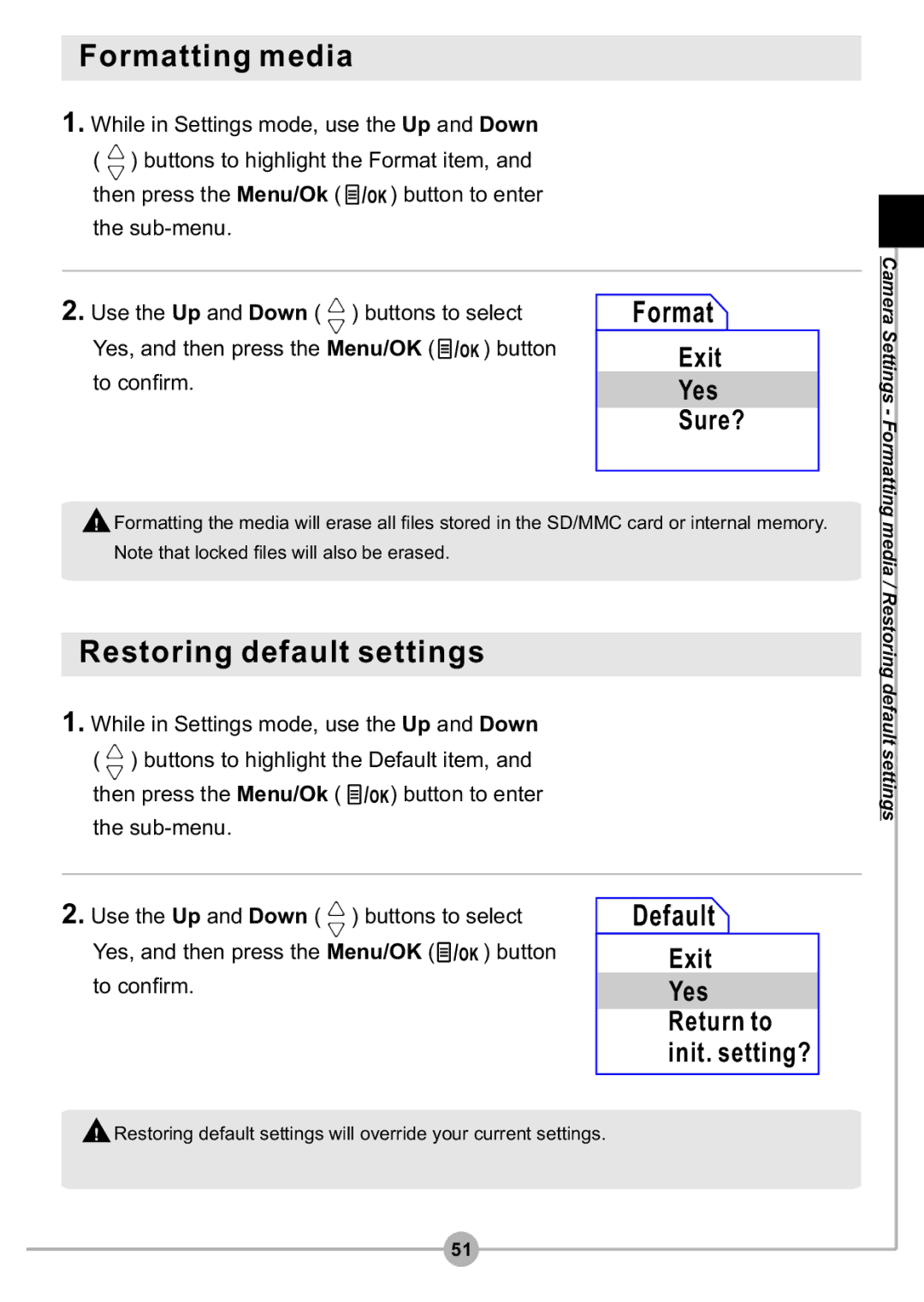 AIPTEK DV4500 manual Formatting media, Restoring default settings, Default 