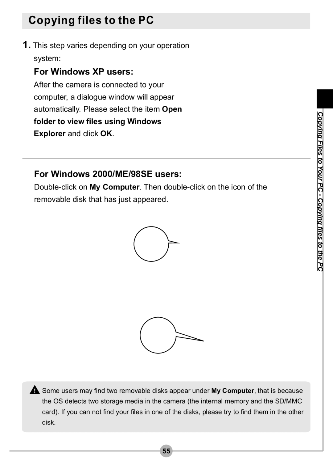 AIPTEK DV4500 manual Copying files to the PC, For Windows XP users, For Windows 2000/ME/98SE users 