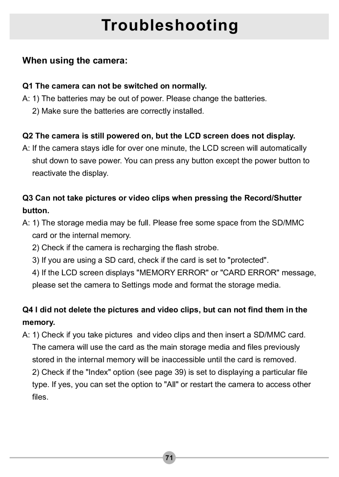 AIPTEK DV4500 manual Troubleshooting, When using the camera, Q1 The camera can not be switched on normally 