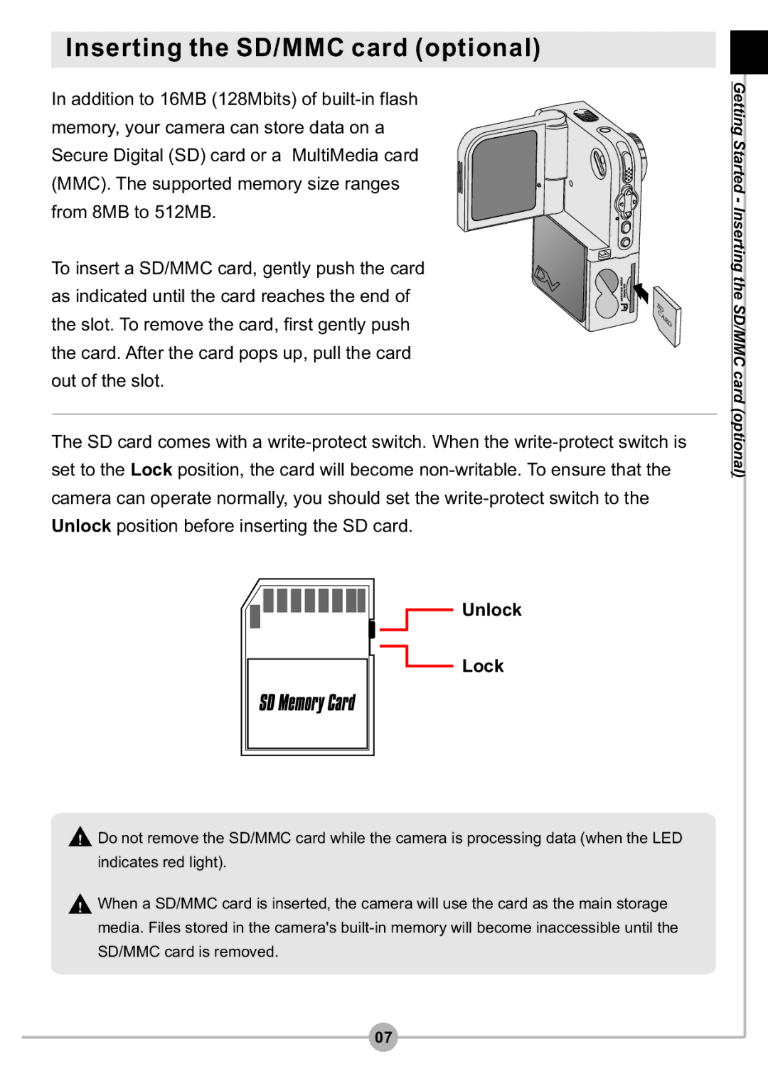 AIPTEK DV4500 manual Inserting the SD/MMC card optional, Unlock Lock 