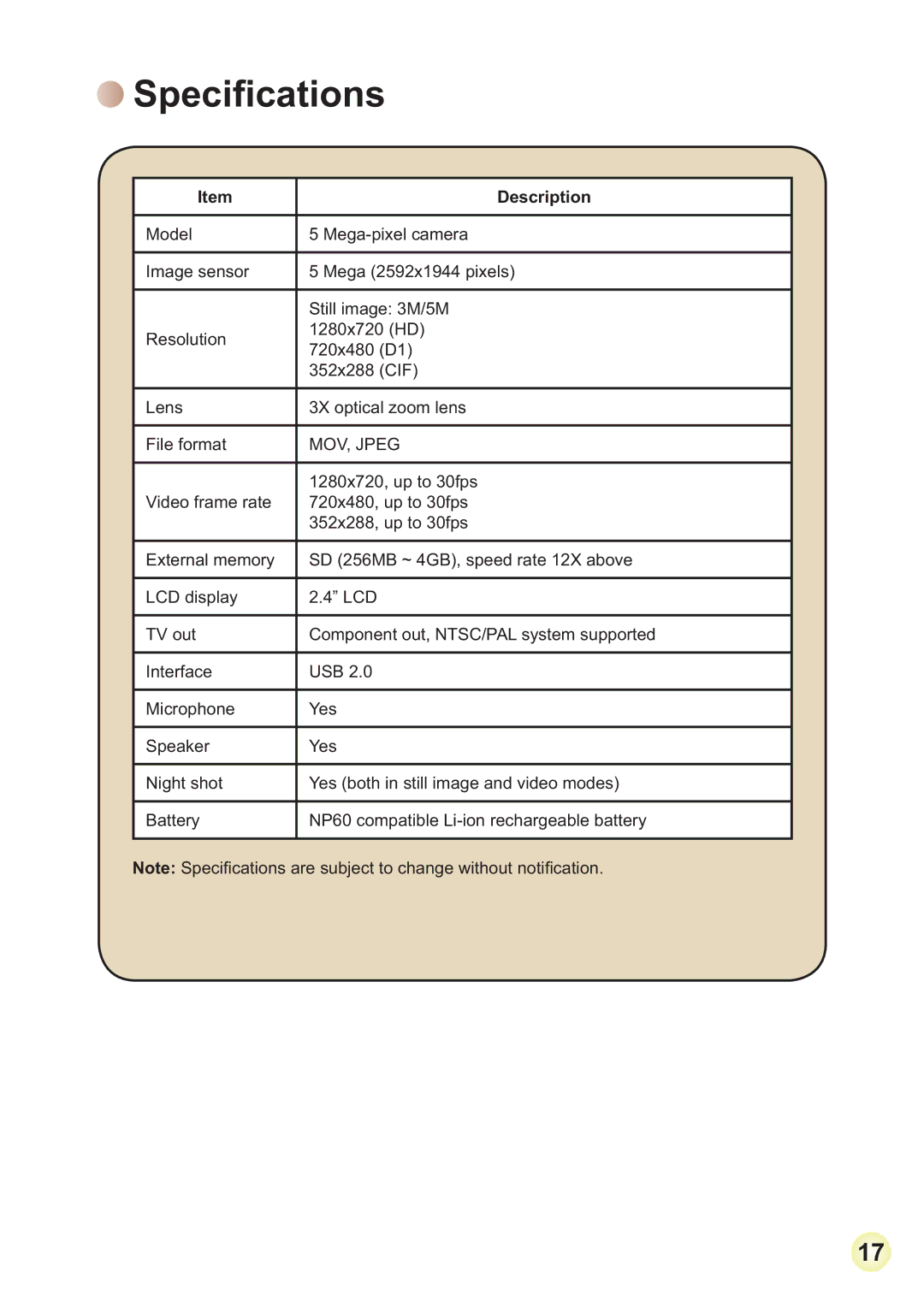 AIPTEK HD-DV Camcorder manual 6SHFL¿FDWLRQV 