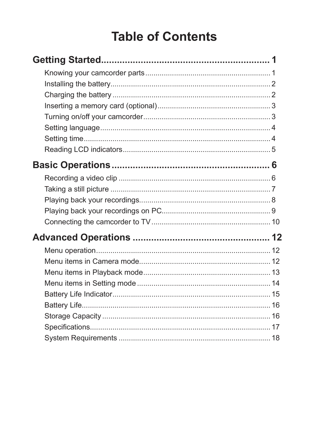 AIPTEK HD-DV Camcorder manual Table of Contents 