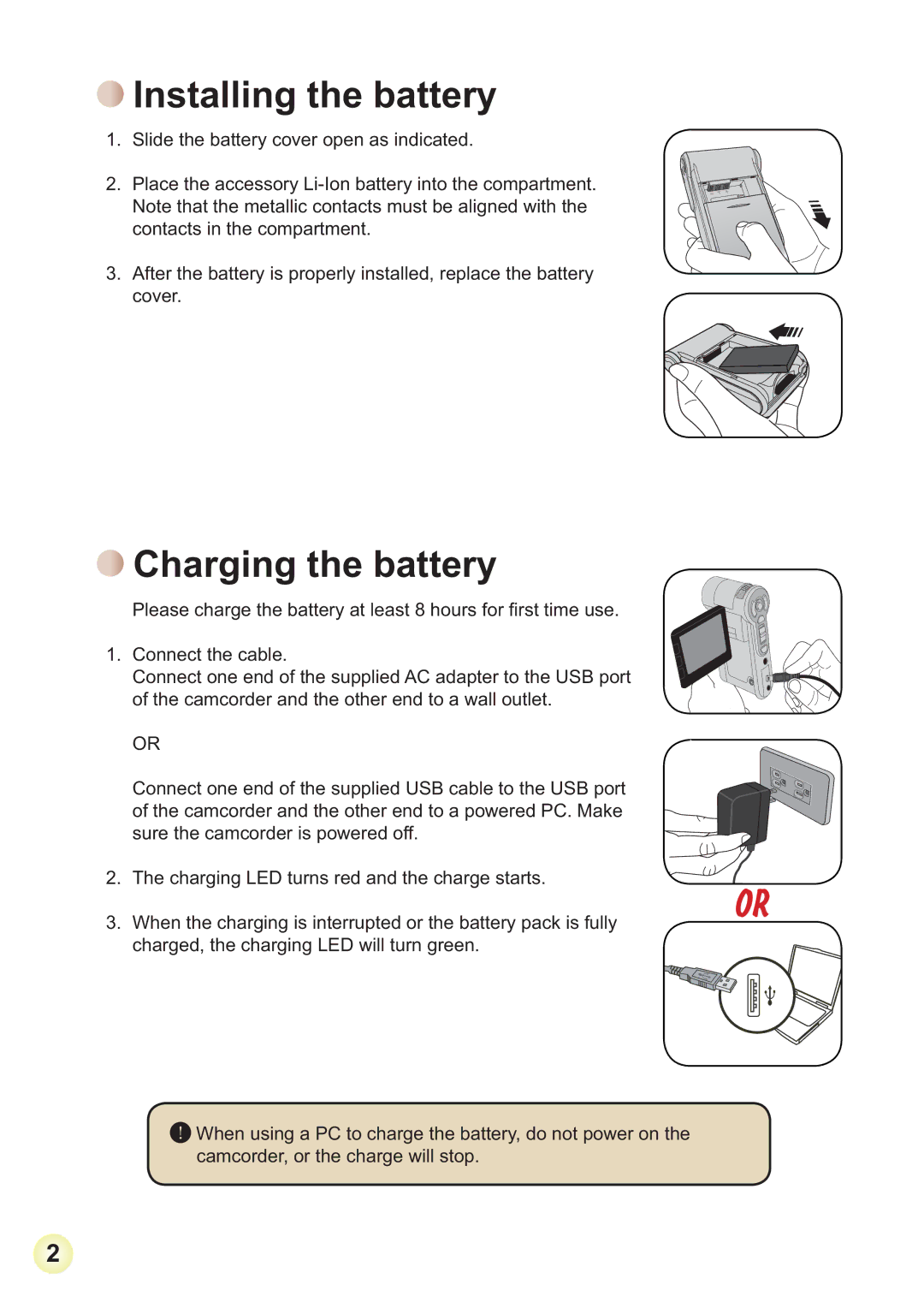 AIPTEK HD-DV Camcorder manual Installing the battery, Charging the battery 