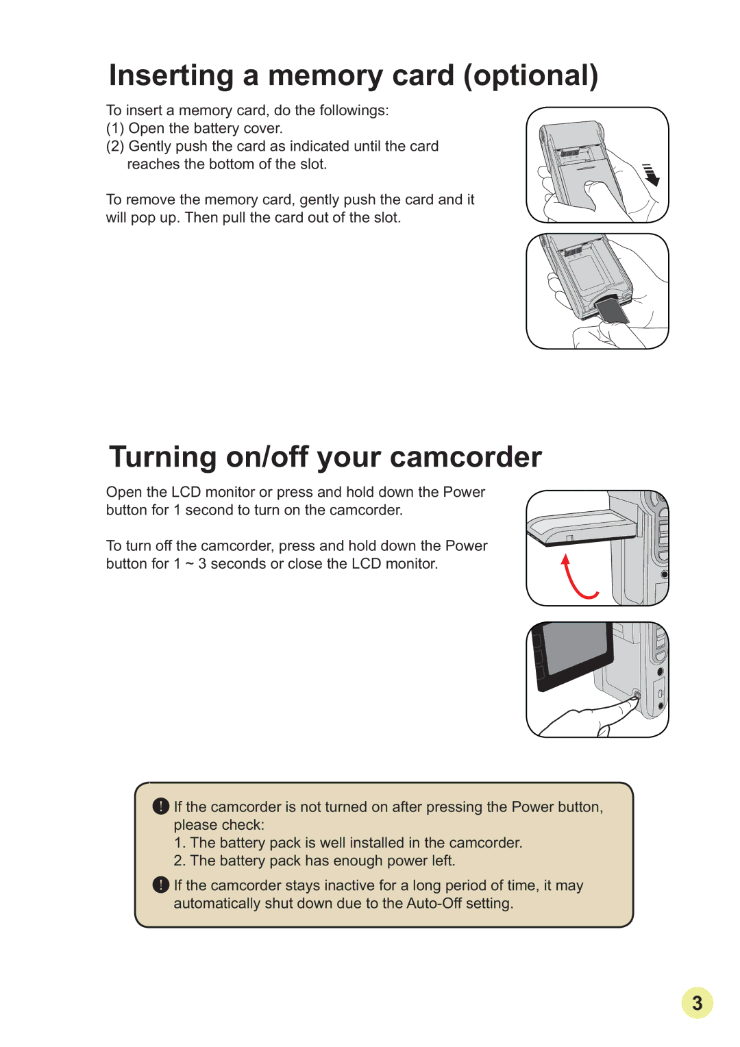 AIPTEK HD-DV Camcorder manual Inserting a memory card optional, Turning on/off your camcorder 