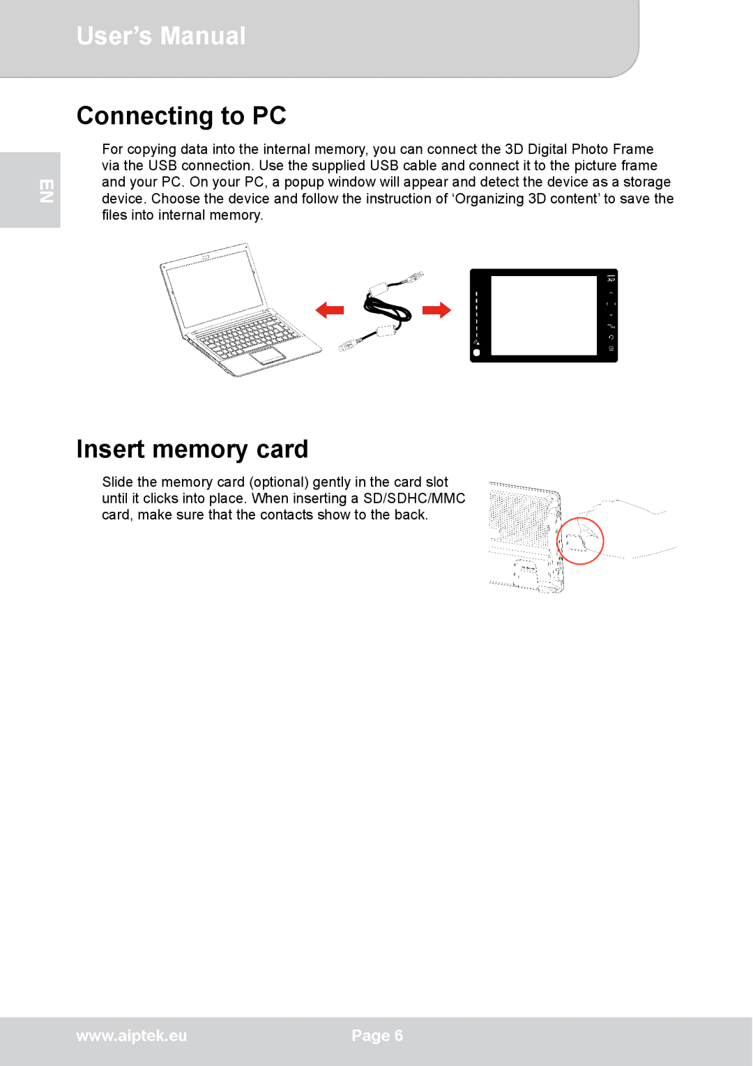 AIPTEK P8 user manual Connecting to PC, Insert memory card 