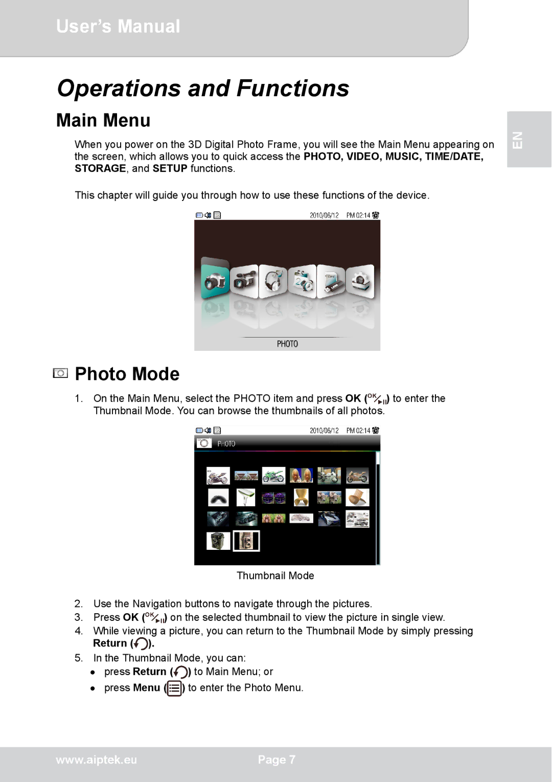 AIPTEK P8 user manual Operations and Functions, Main Menu, Photo Mode, Return 