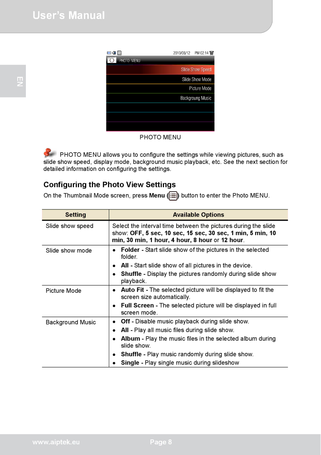 AIPTEK P8 user manual Configuring the Photo View Settings, Photo Menu, Setting Available Options 