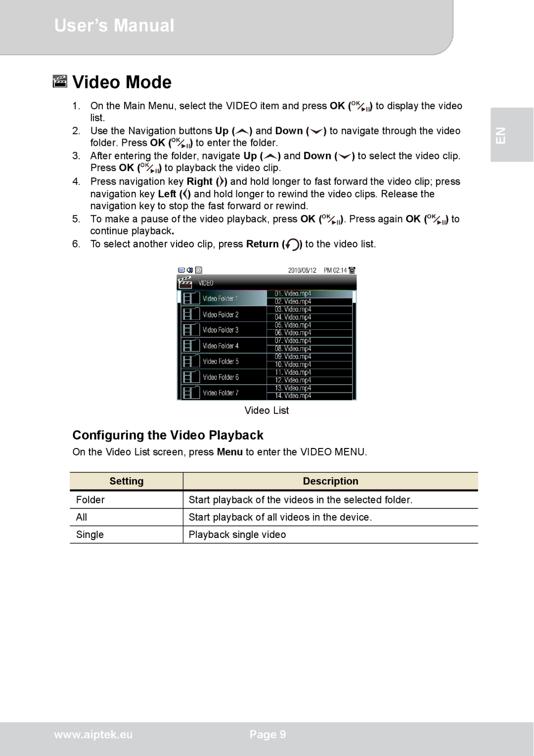 AIPTEK P8 user manual Video Mode, Configuring the Video Playback, Setting Description 