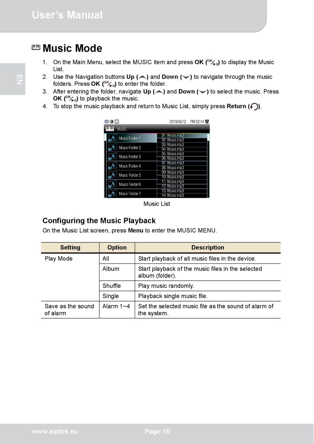 AIPTEK P8 user manual Music Mode, Configuring the Music Playback, Setting Option Description 