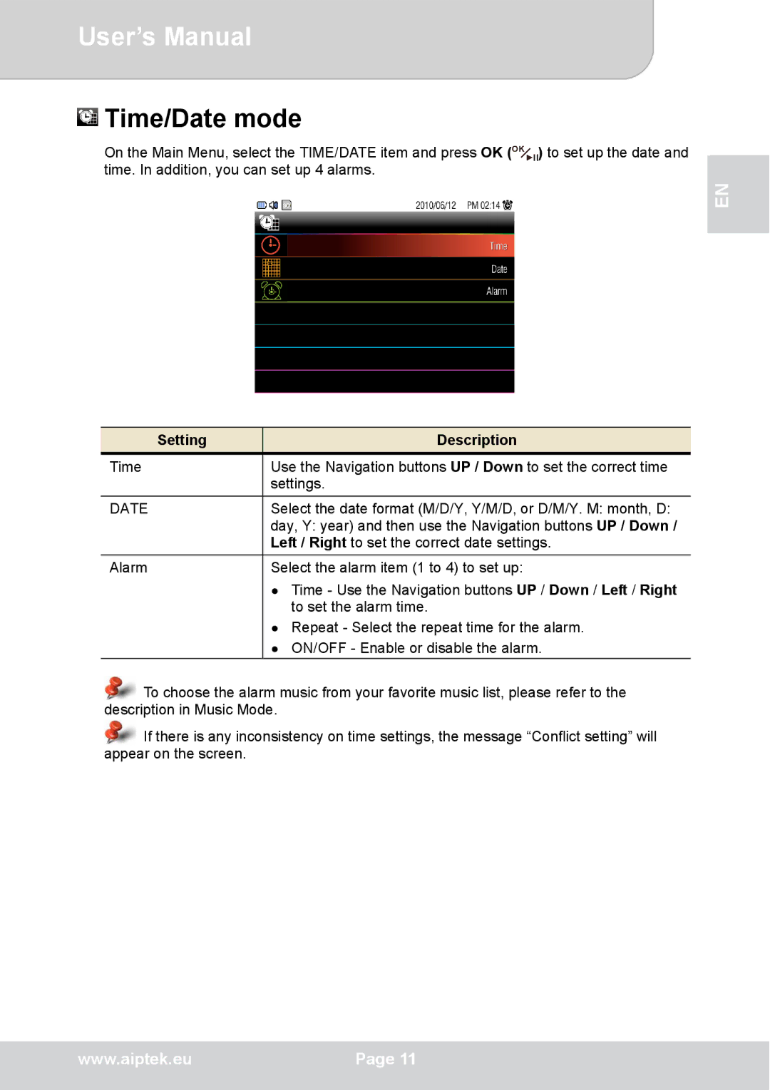 AIPTEK P8 user manual Time/Date mode 