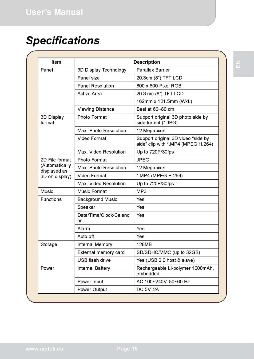 AIPTEK P8 user manual Specifications, Jpeg, MP3 