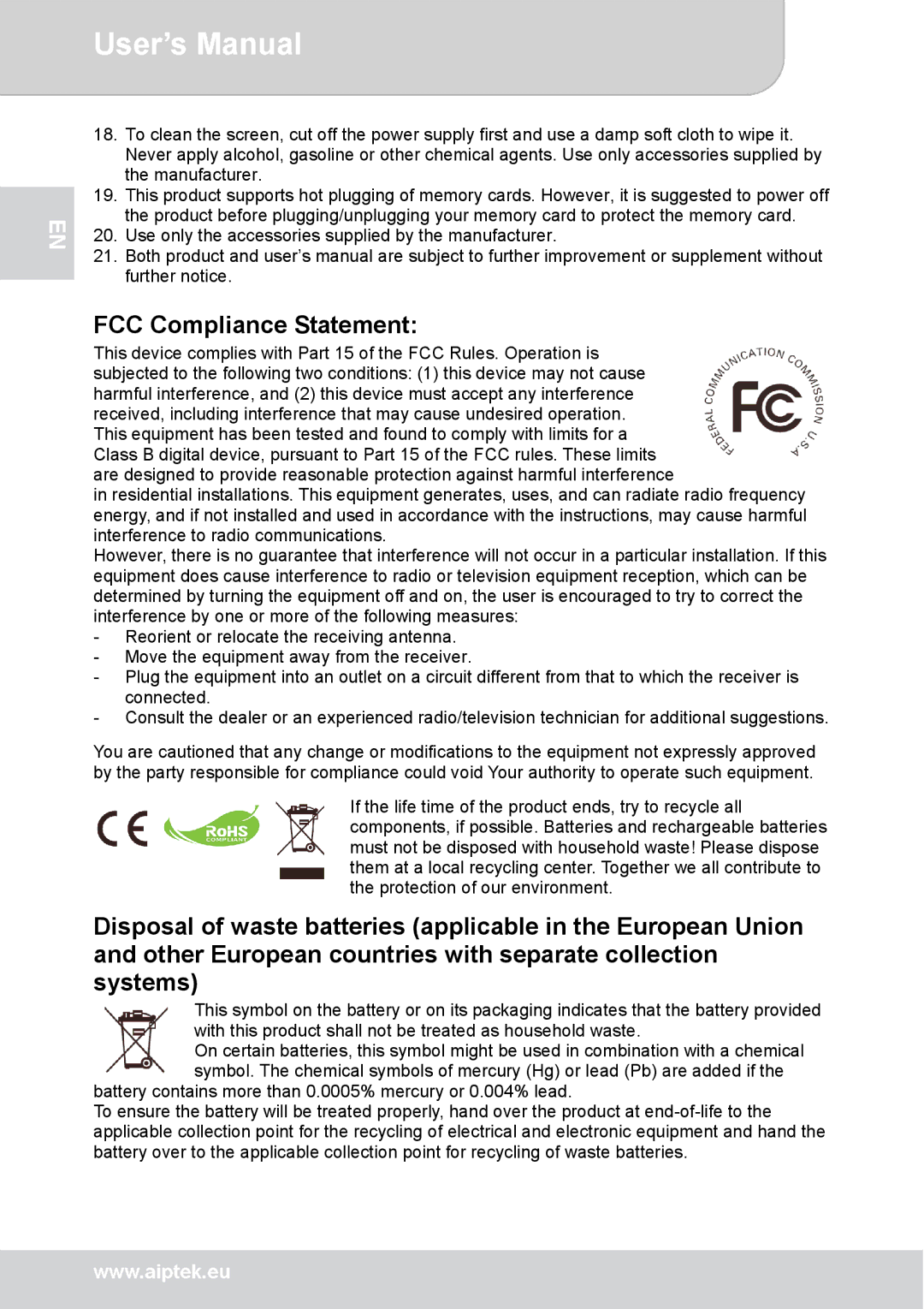 AIPTEK P8 user manual FCC Compliance Statement 