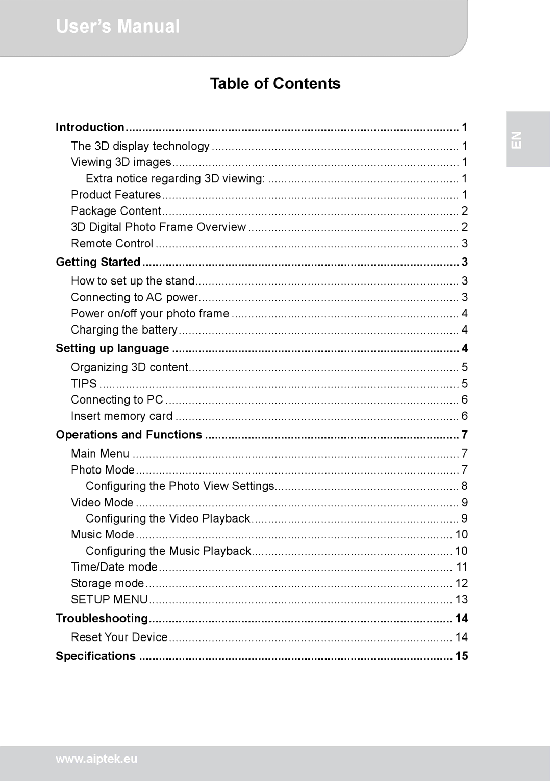 AIPTEK P8 user manual Table of Contents 