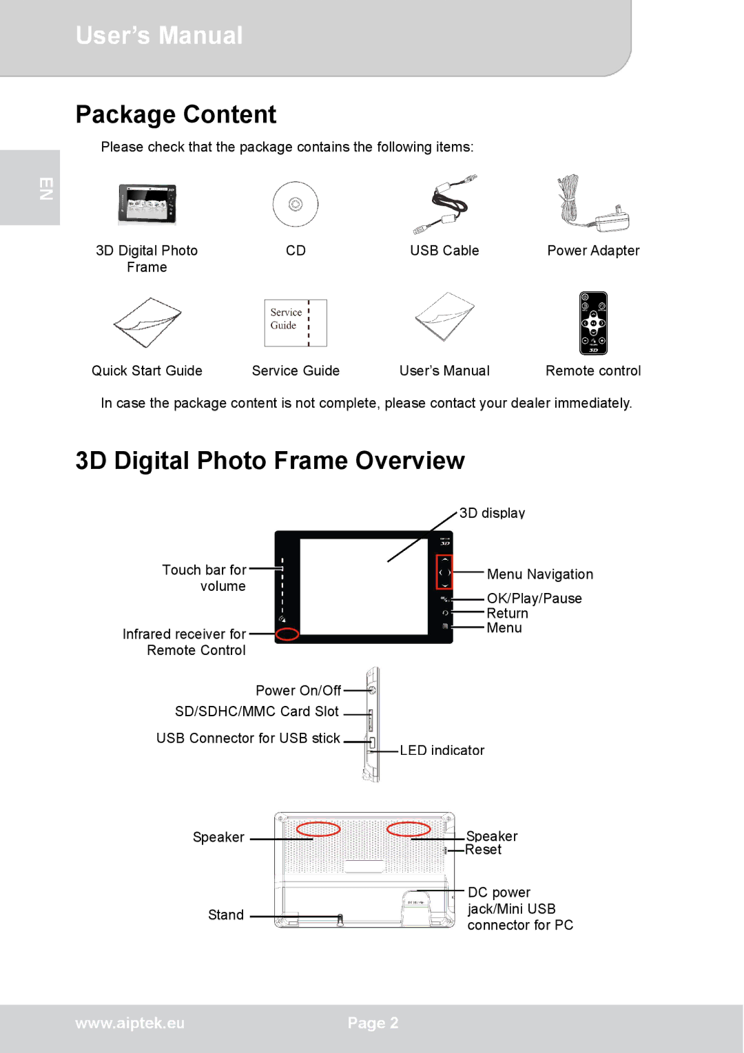 AIPTEK P8 user manual Package Content, 3D Digital Photo Frame Overview 