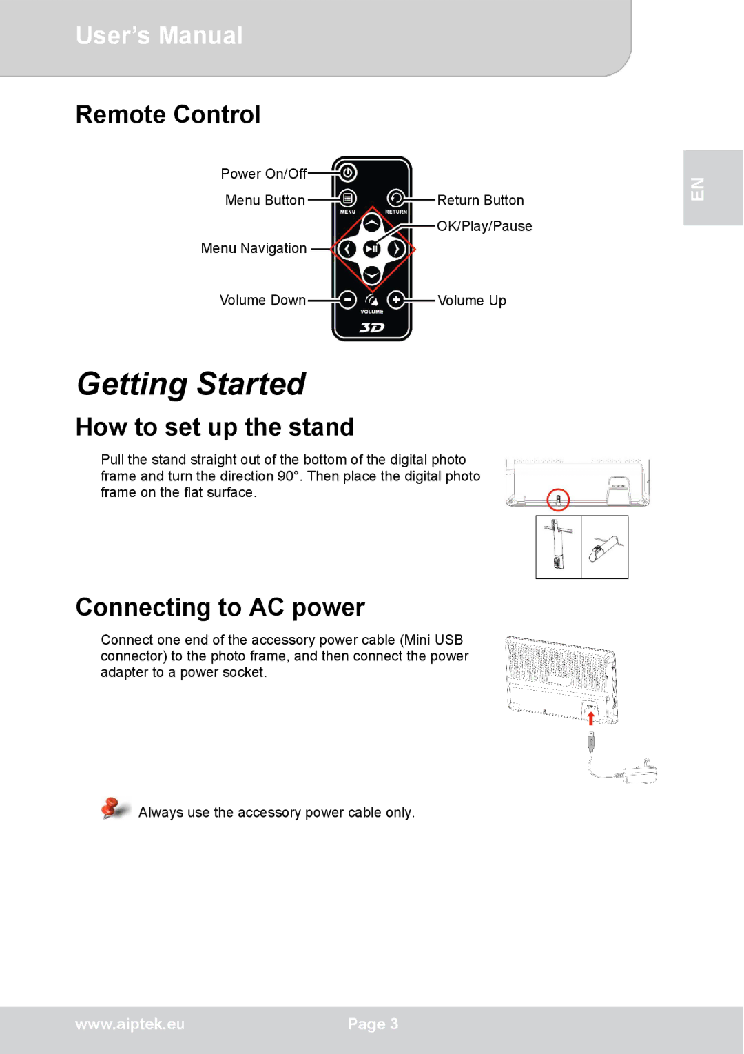 AIPTEK P8 user manual Getting Started, Remote Control, How to set up the stand, Connecting to AC power 