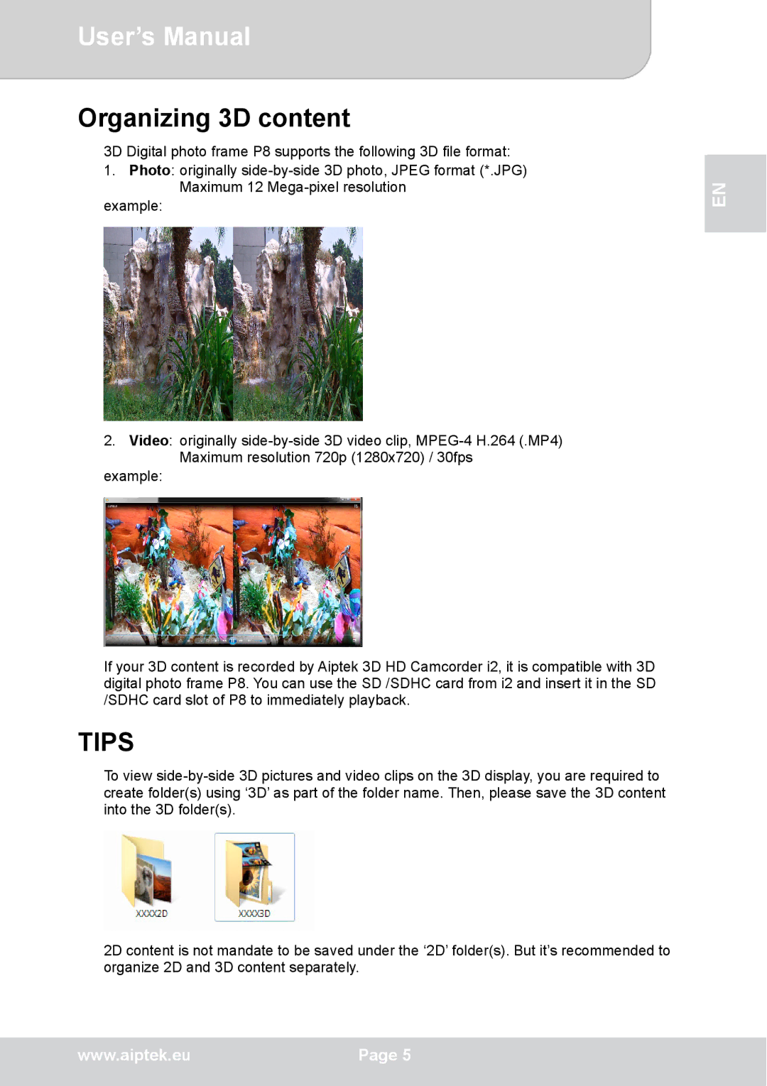 AIPTEK P8 user manual Organizing 3D content, Tips 