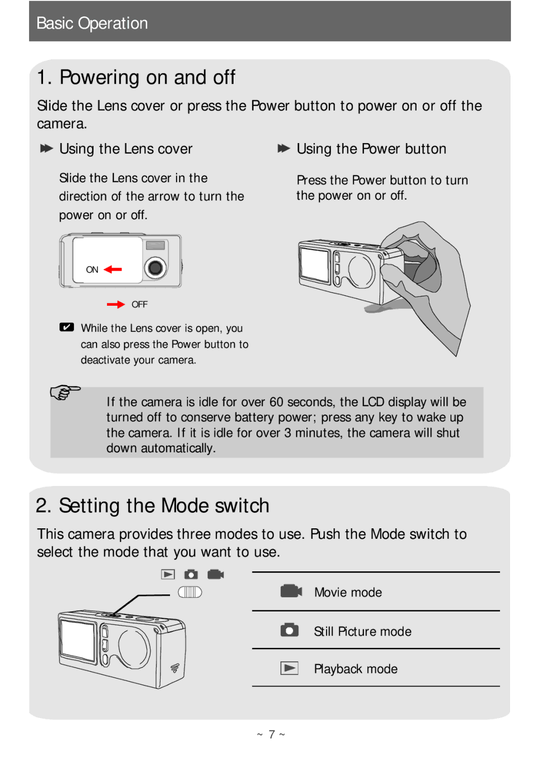 AIPTEK POCKETCAMX manual Powering on and off, Setting the Mode switch, Using the Power button 