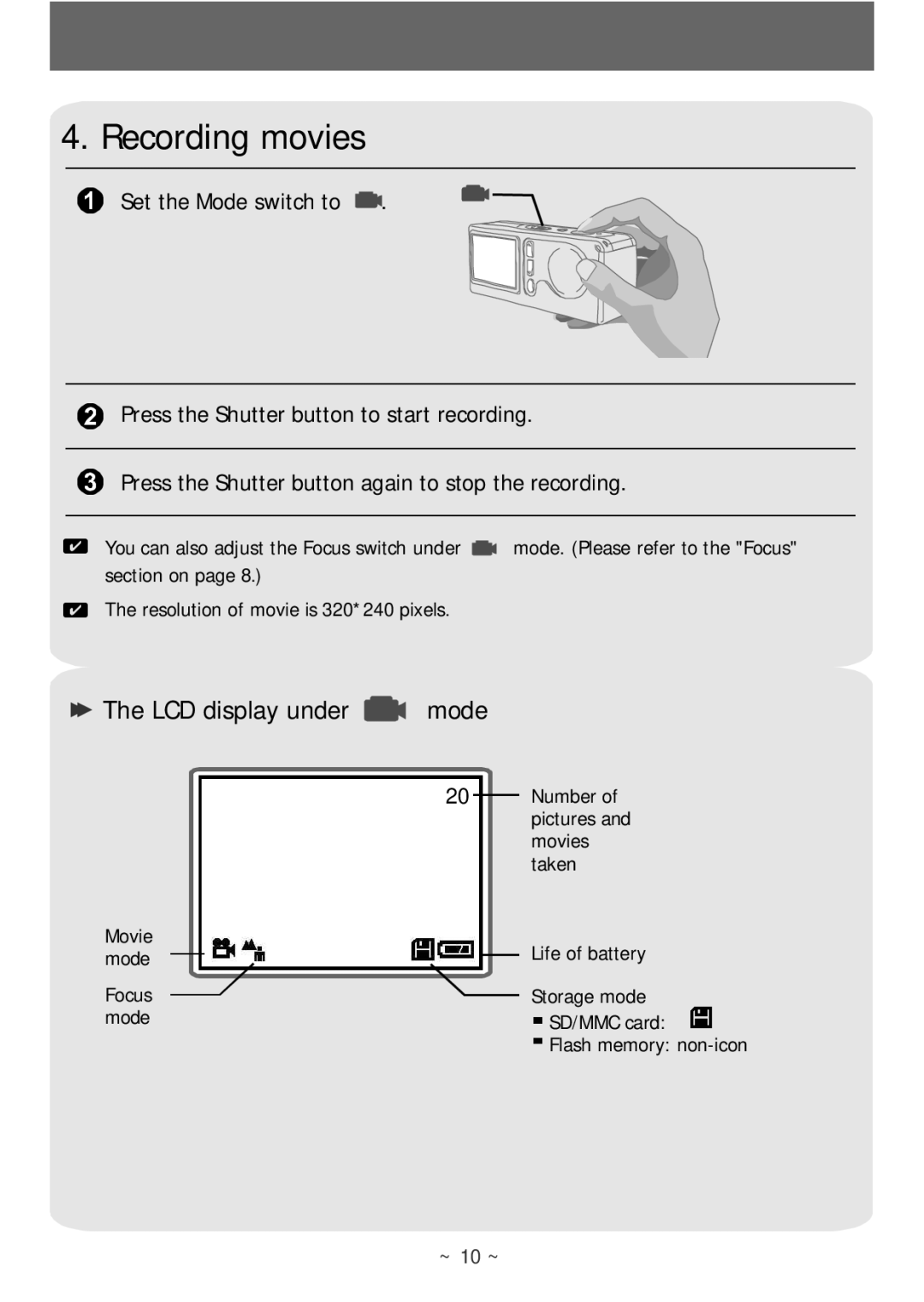 AIPTEK POCKETCAMX manual Recording movies 