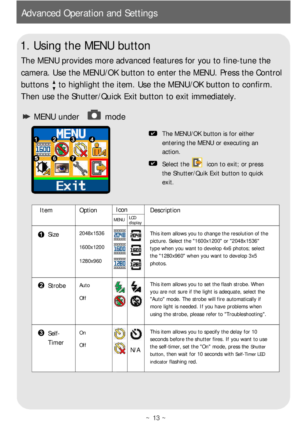 AIPTEK POCKETCAMX manual Using the Menu button, Size 