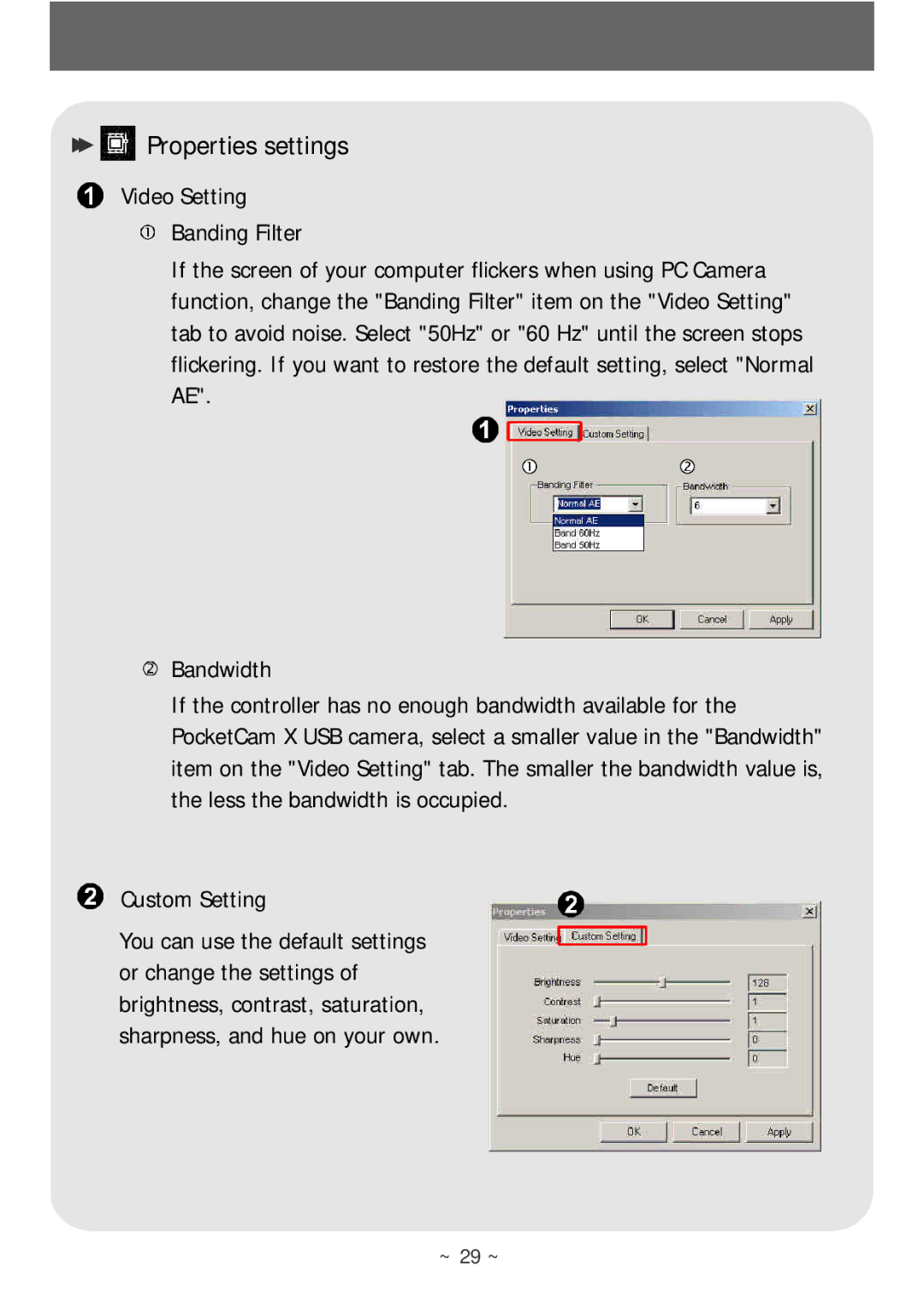 AIPTEK POCKETCAMX manual Properties settings 