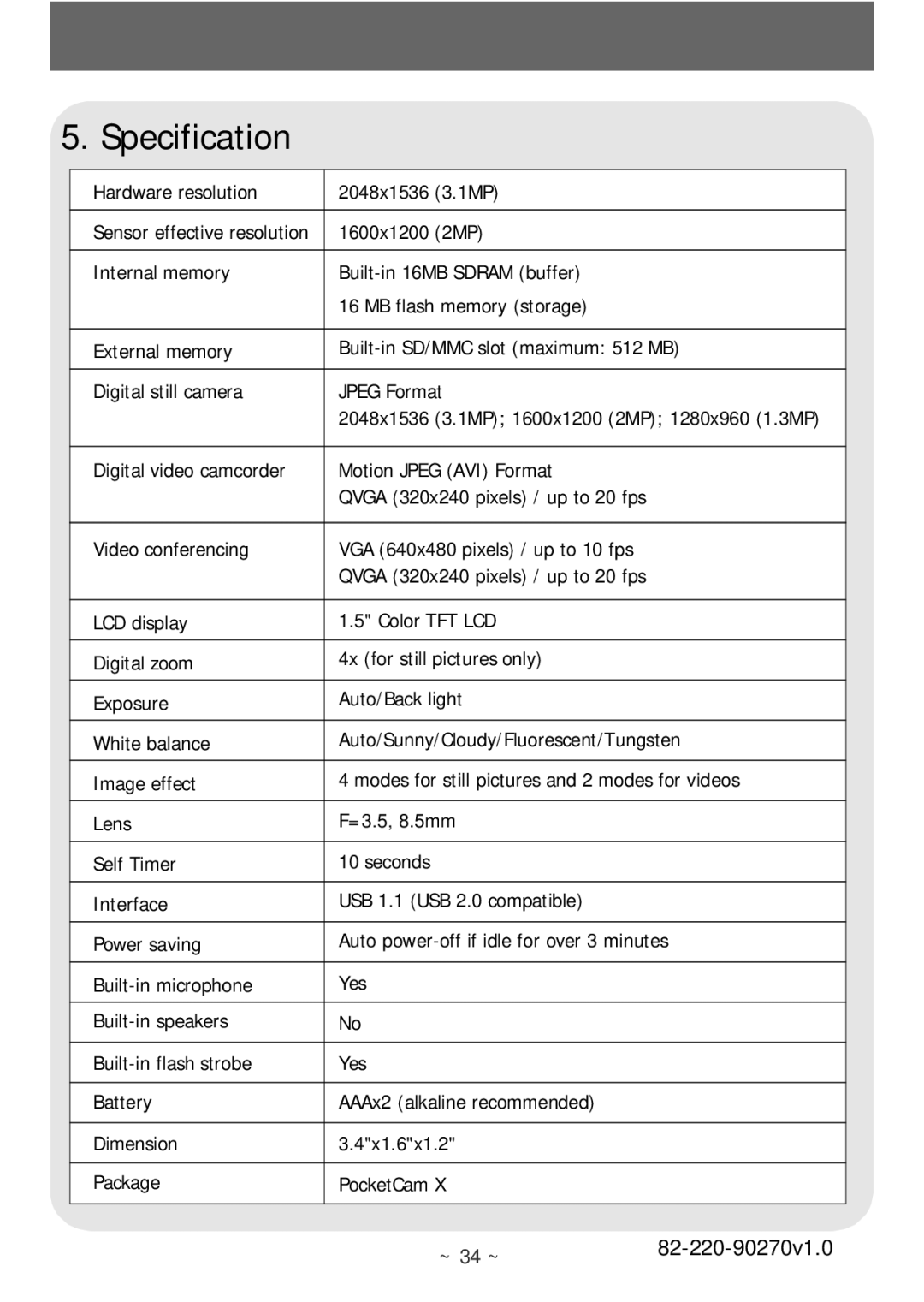 AIPTEK POCKETCAMX manual Specification 