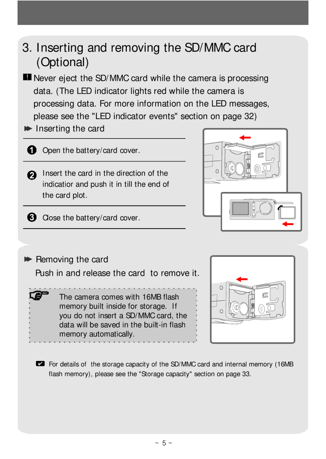 AIPTEK POCKETCAMX manual Inserting and removing the SD/MMC card Optional 