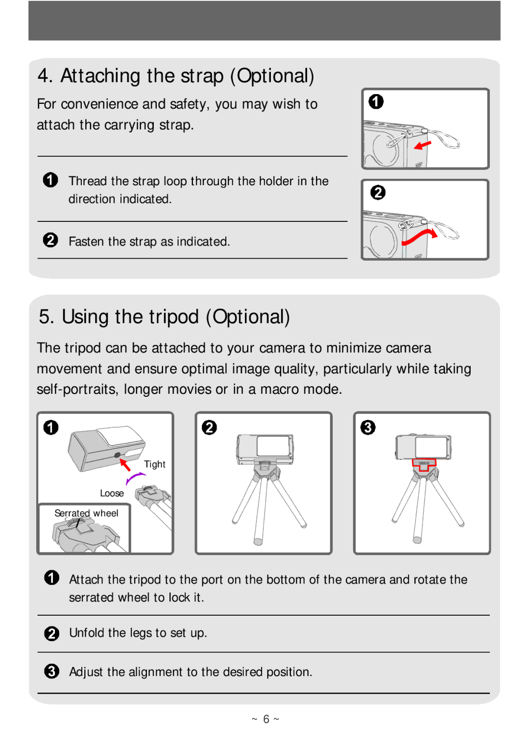 AIPTEK POCKETCAMX manual Attaching the strap Optional, Using the tripod Optional 