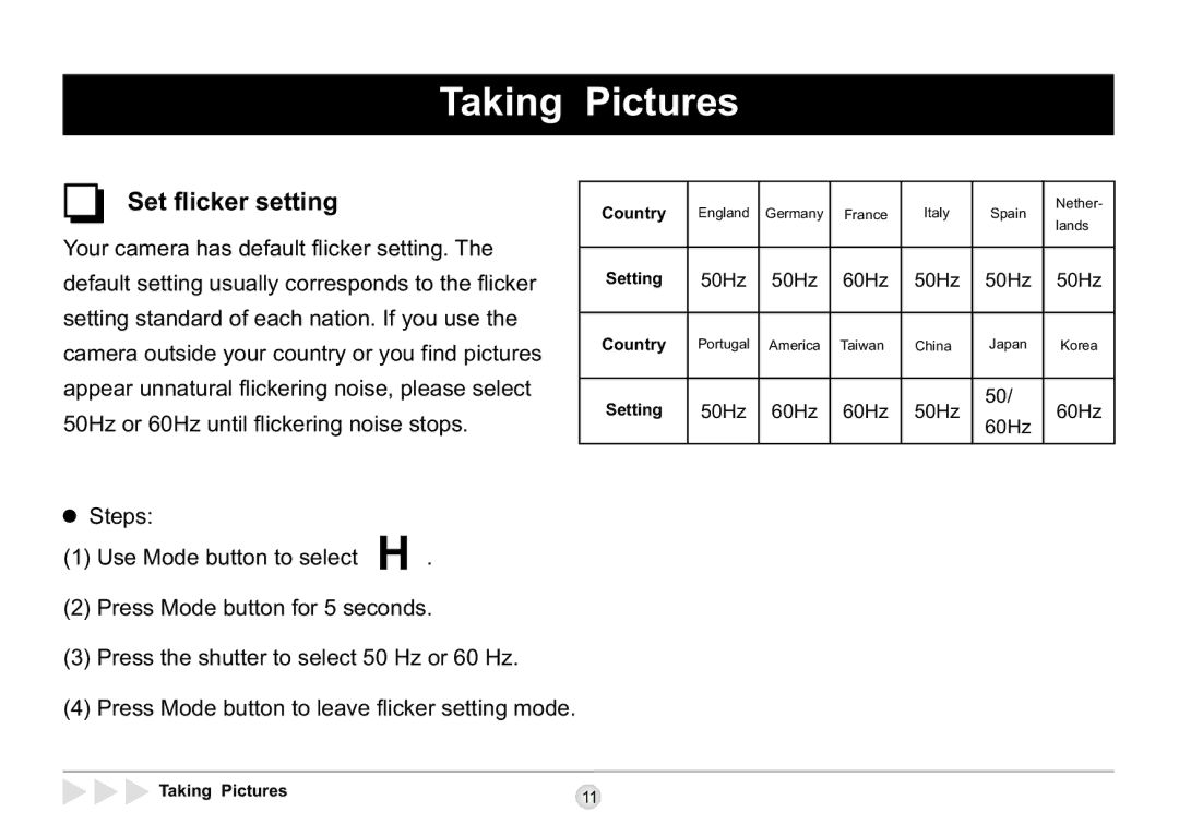 AIPTEK SD 2Mega manual Taking Pictures, Set flicker setting 