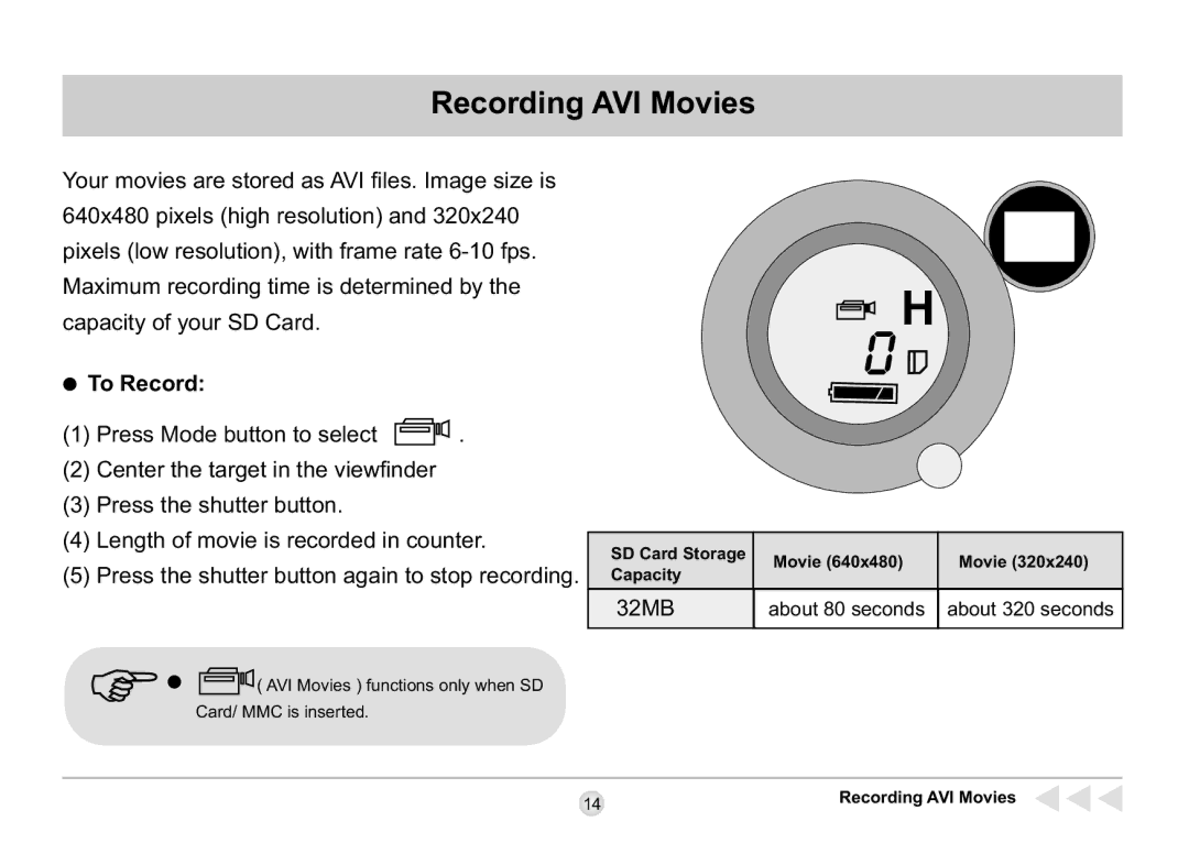 AIPTEK SD 2Mega manual Recording AVI Movies, To Record 