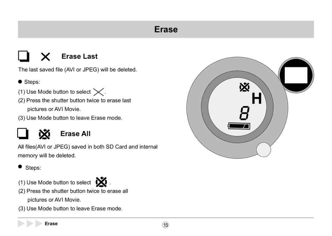 AIPTEK SD 2Mega manual Erase Last, Erase All 