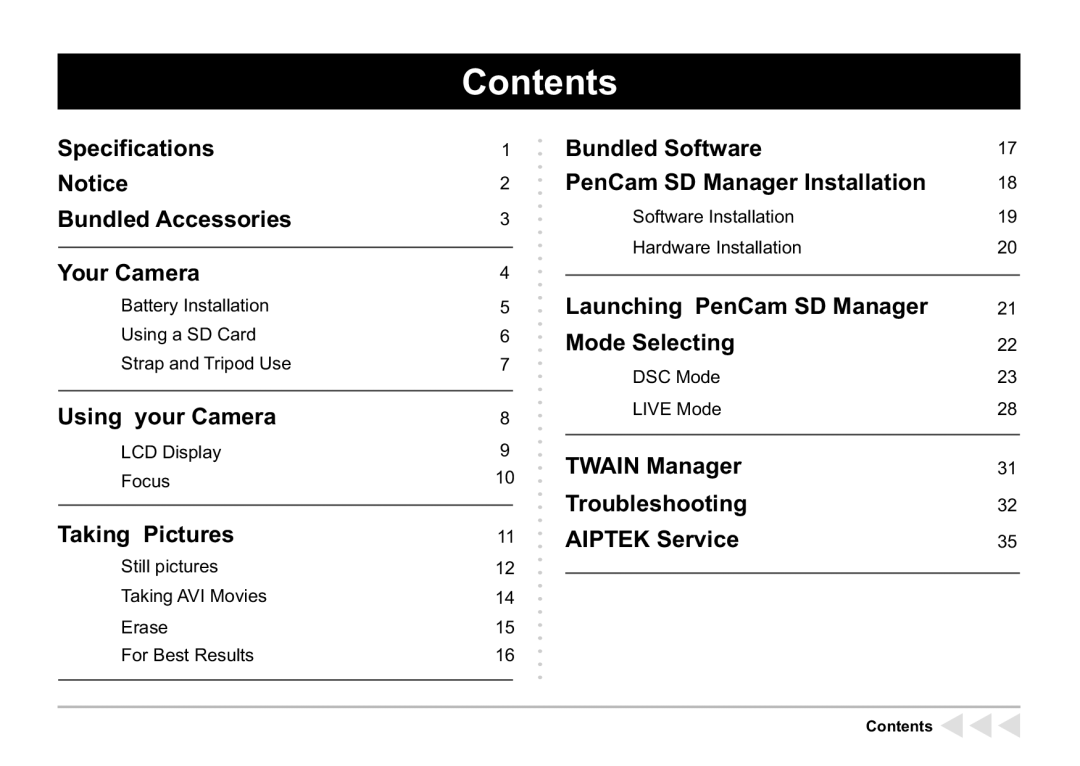 AIPTEK SD 2Mega manual Contents 