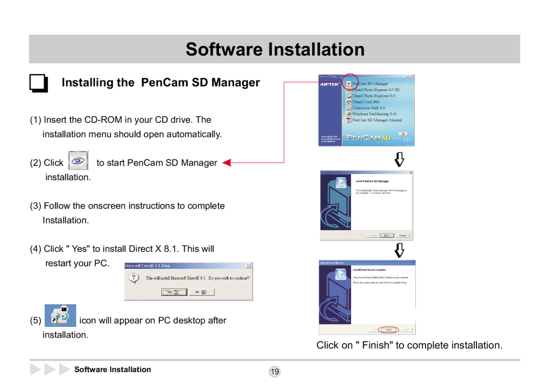 AIPTEK SD 2Mega manual Software Installation, Installing the PenCam SD Manager 